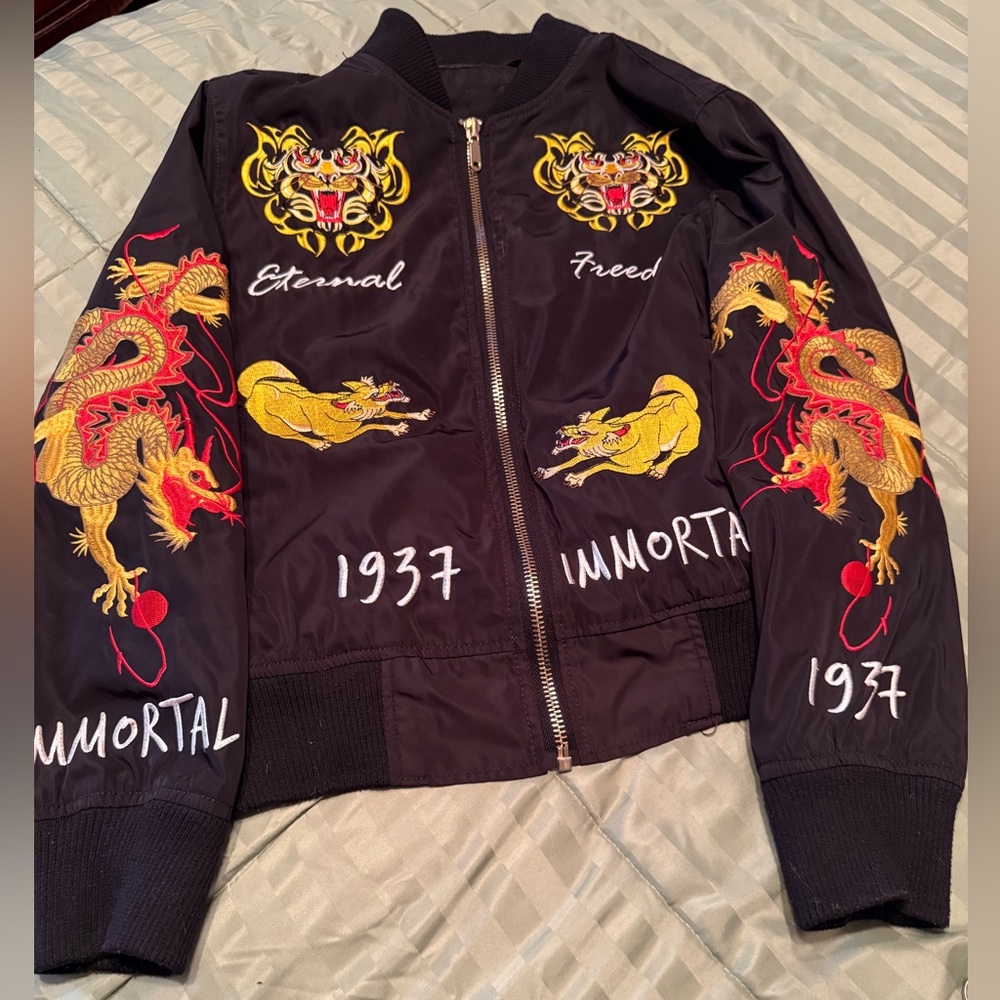 Black Bomber Jacket with Dragon Embroidery